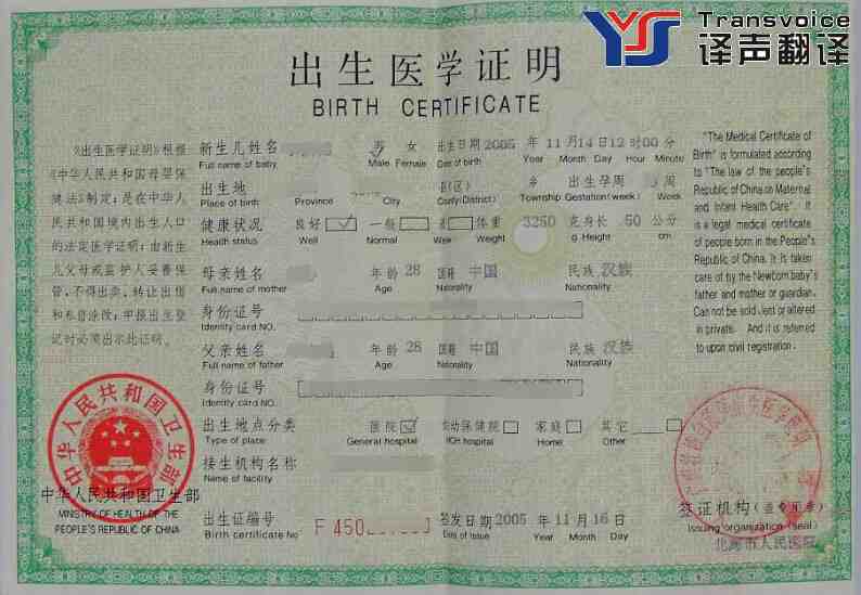 孩子出生醫(yī)學(xué)證明翻譯模板(譯聲英) 孩子出生醫(yī)學(xué)證明翻譯模板(譯聲英)