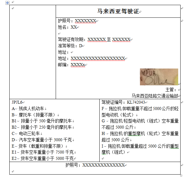 馬來西亞駕照翻譯模板