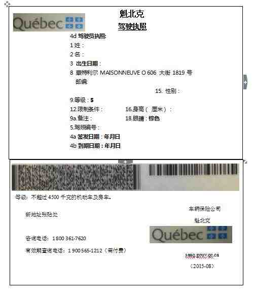 加拿大魁北克省駕駛執(zhí)照翻譯模板(圖1) 加拿大魁北克省駕駛執(zhí)照翻譯模板
